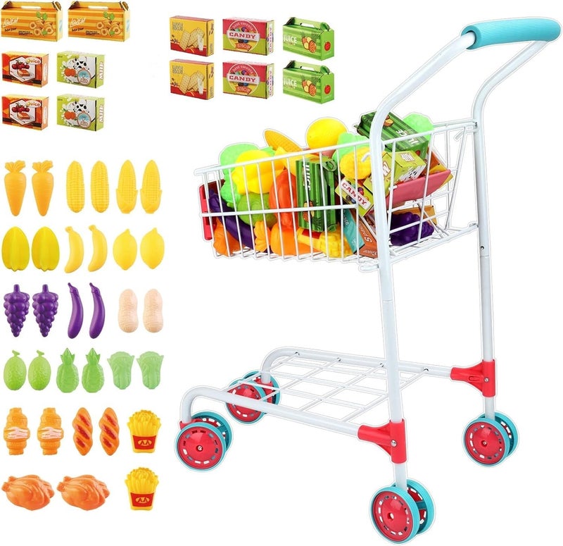 deAO Kids Shopping Cart Trolley with Sturdy Metal Frame for Toddlers 46 PCS Food Fruit Vegetables Pretend Play Food Role Play,Educational Toy Play Kitchen Toys for Boys Girls Kids - Image 1